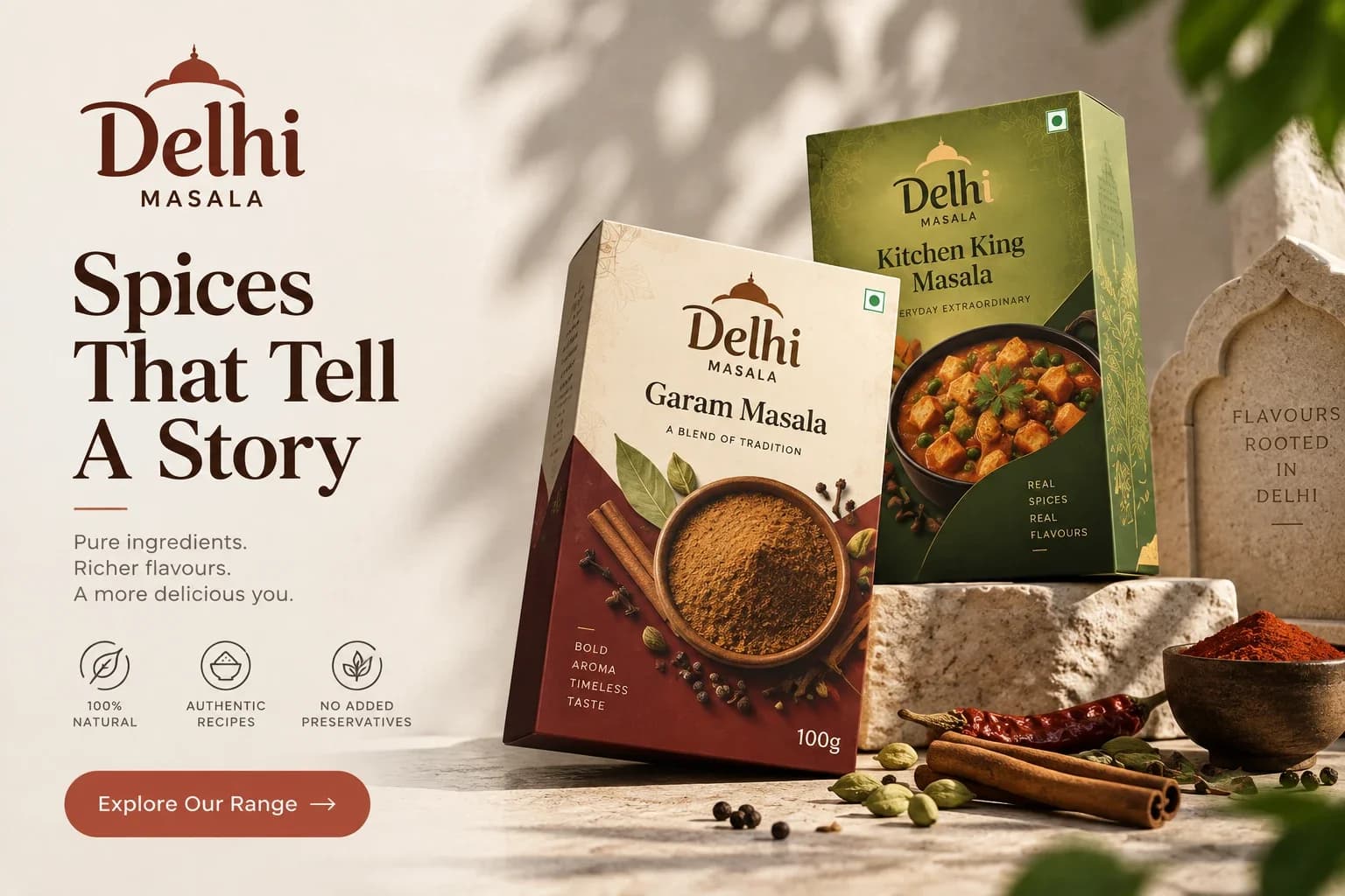 Delhi Masala: spices that tell a story. Garam Masala and Kitchen King Masala packs. Pure ingredients, richer flavours.